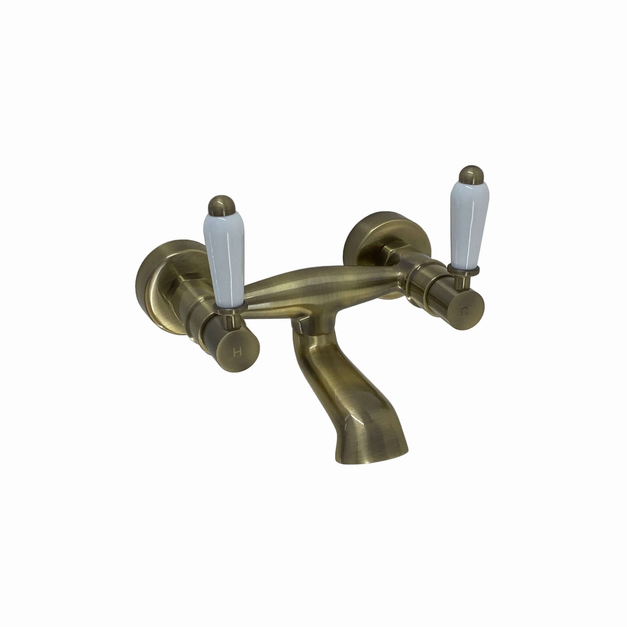 Downton wall mounted bath mixer tap with white ceramic levers - antique bronze - Taps